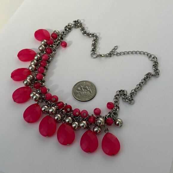 Hot Pink Teardrop Bib Necklace Silver Tone Chain Beaded Statement Jewelry - Picture 6 of 7